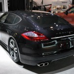 2011 black Porsche Panamera Turbo S at New York Autoshow Rear angle view