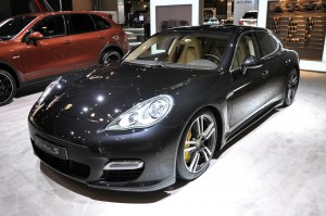 2011 black Porsche Panamera Turbo S at New York Autoshow Front angle view