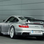 2008 Silver Porsche 911 GT2 Wallpaper Rear angle view